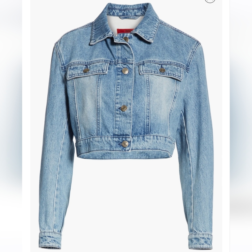 NWT Women's Hugo Boss Gelise Crop Blue Denim Jacket Size XL - Picture 1 of 15